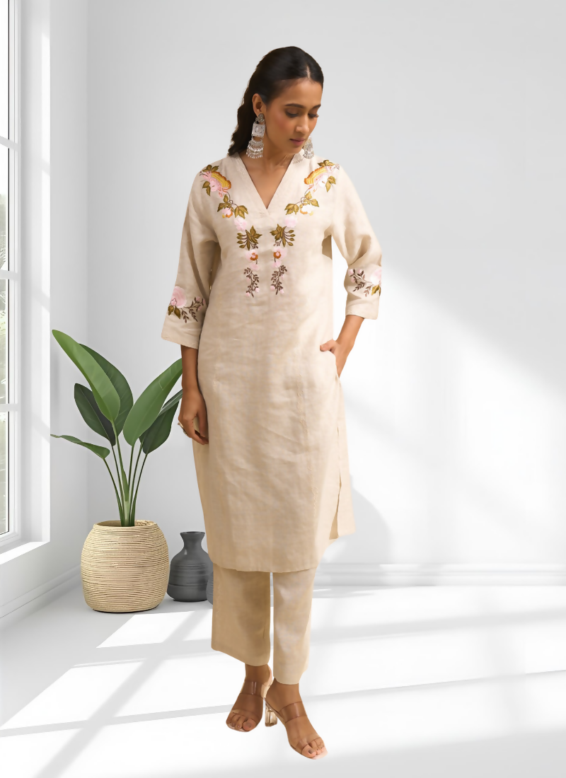 Joban Fashion Beige Linen Embroidered Readymade Long Kurta With Pant
