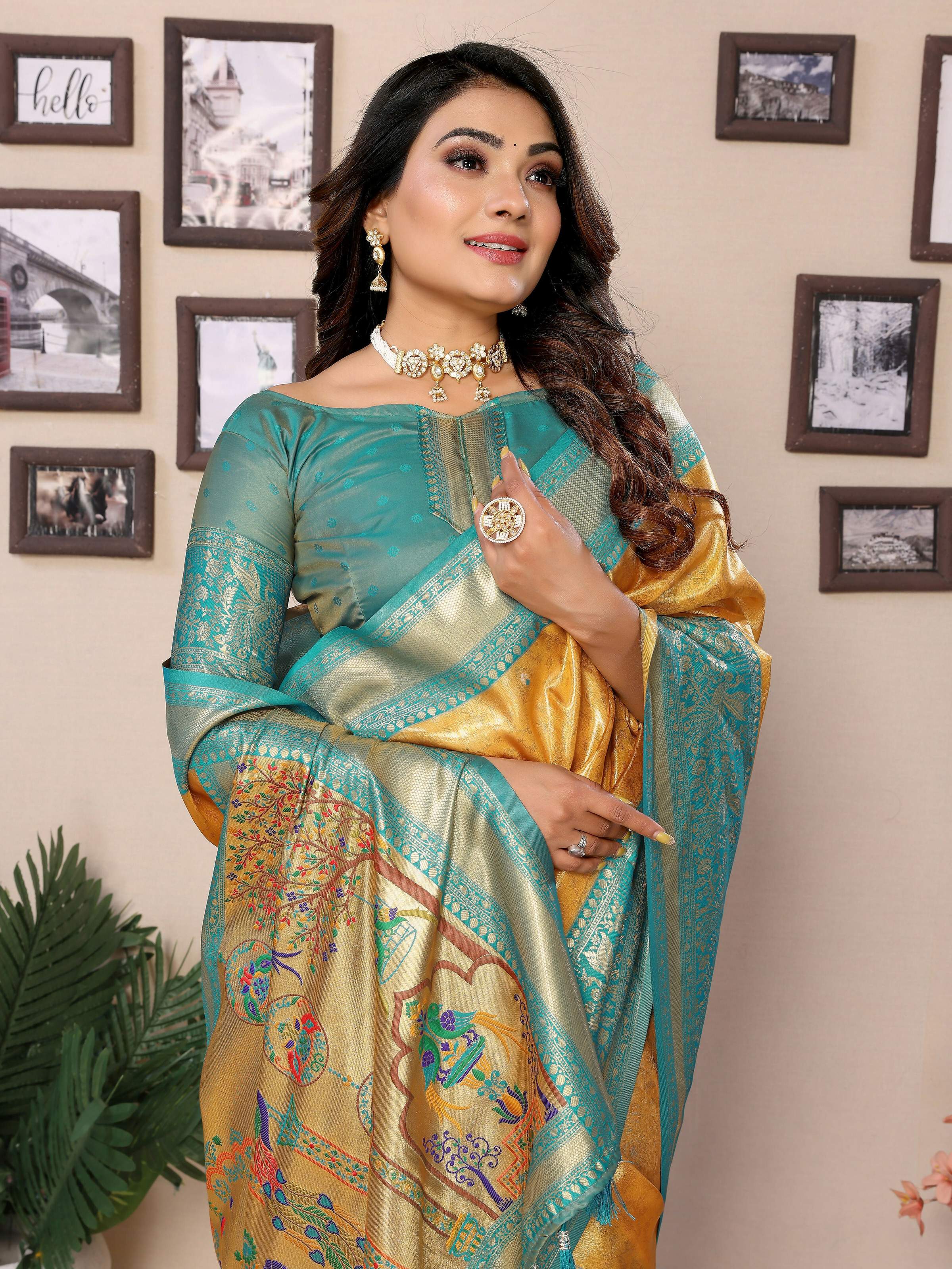 Aastha Fashion Yellow Tissue Silk Weaving Saree