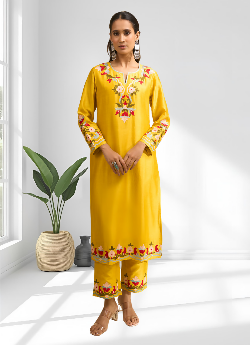 Joban Fashion Yellow Silk Embroidered Readymade Long Kurta With Pant