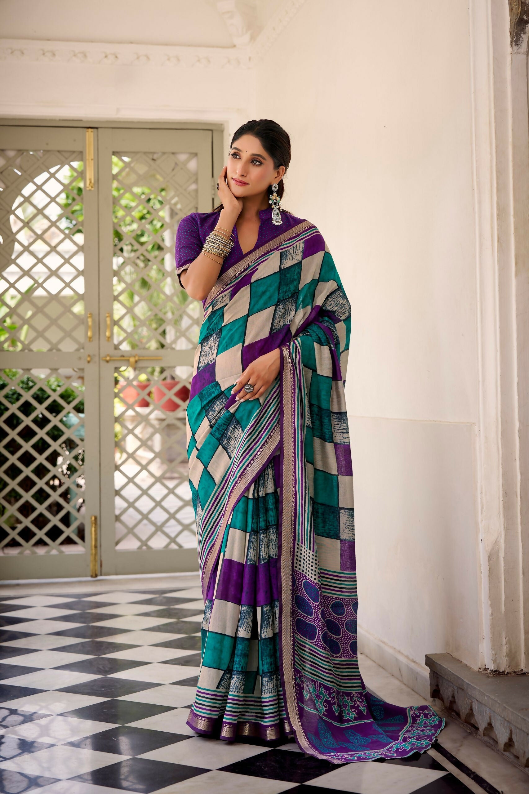 Vastranavya Purple Viscose Chanderi Printed with Temple Border Saree & Unstitched Blouse