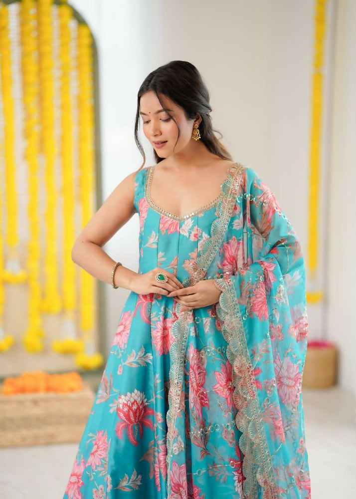 Teeya Creation Blue Pure Muslin Silk Digital Print Traditional Wear Long Gown