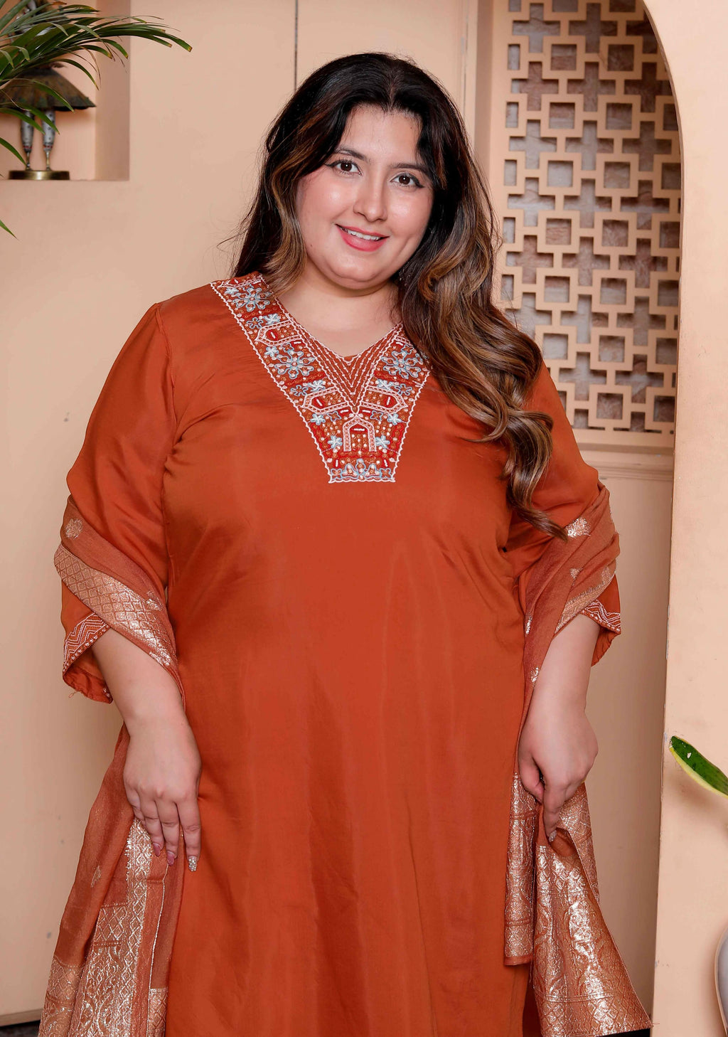 Miravan Women's Plus Size Orange Embroidered Straight Kurta with Palazzo and Dupatta set