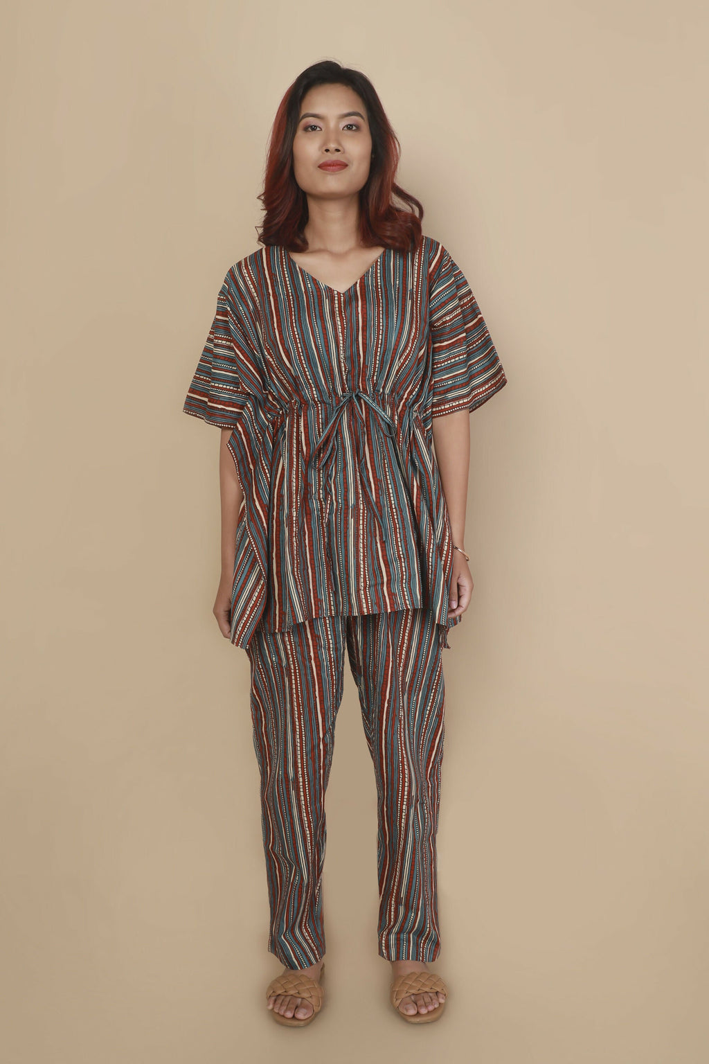 Breathables Women’S Loungewear Kaftan Cotton Aqua Blue Stripes Print Co-Ord Set