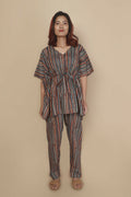 Breathables Women’S Loungewear Kaftan Cotton Aqua Blue Stripes Print Co-Ord Set