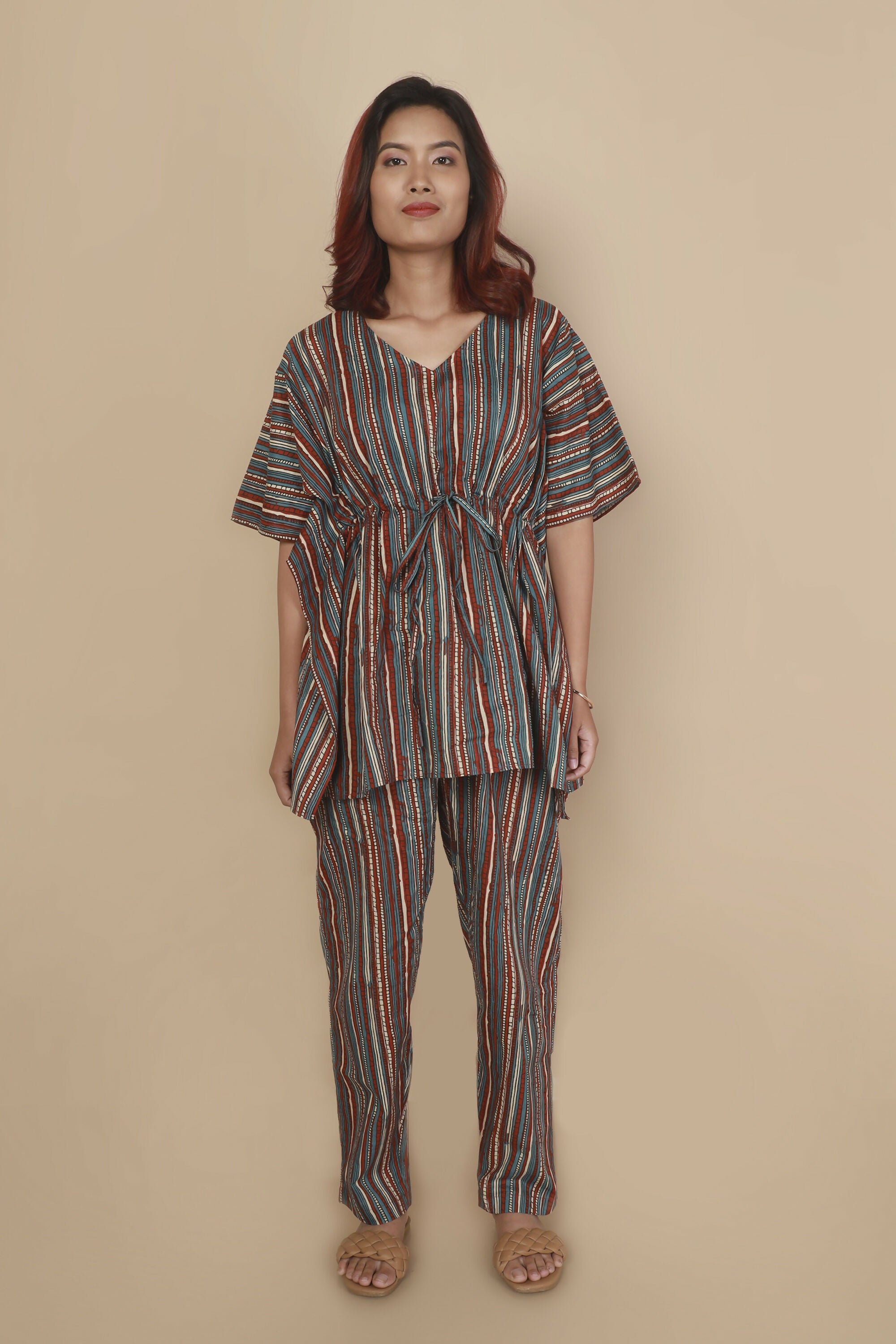 Breathables Women’S Loungewear Kaftan Cotton Aqua Blue Stripes Print Co-Ord Set