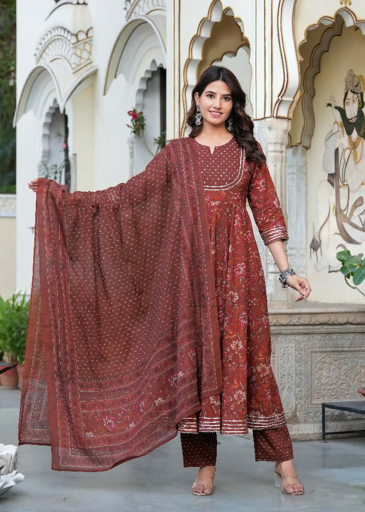 Jaimini Women Cotton Printed Round Neck 3/4 Sleeves Calf Length Flared Kurta Pant And Dupatta Set