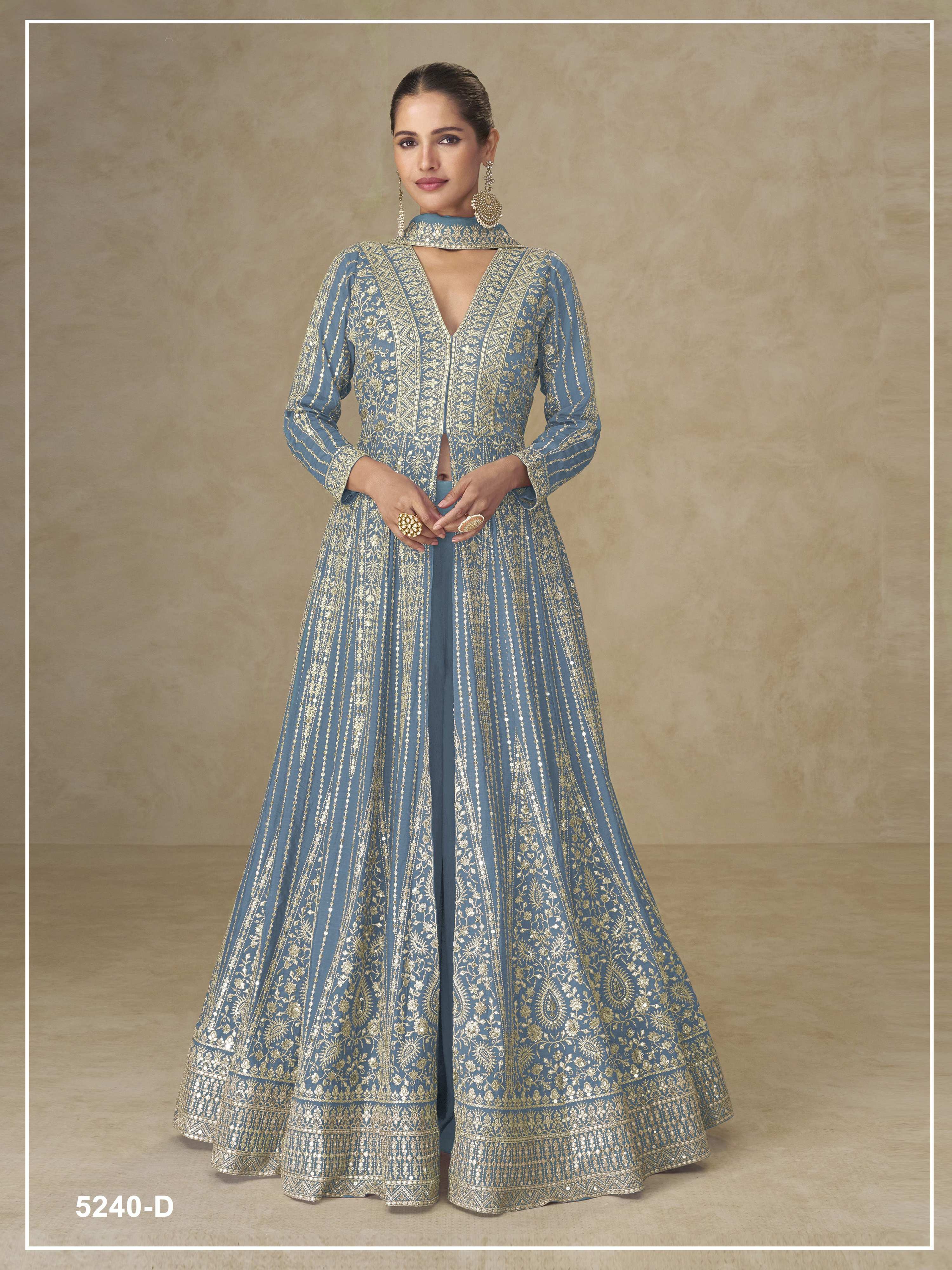 Teeya Creation Blue Color Chinon Silk Heavy Embroidery Work Party Wear Long Gown