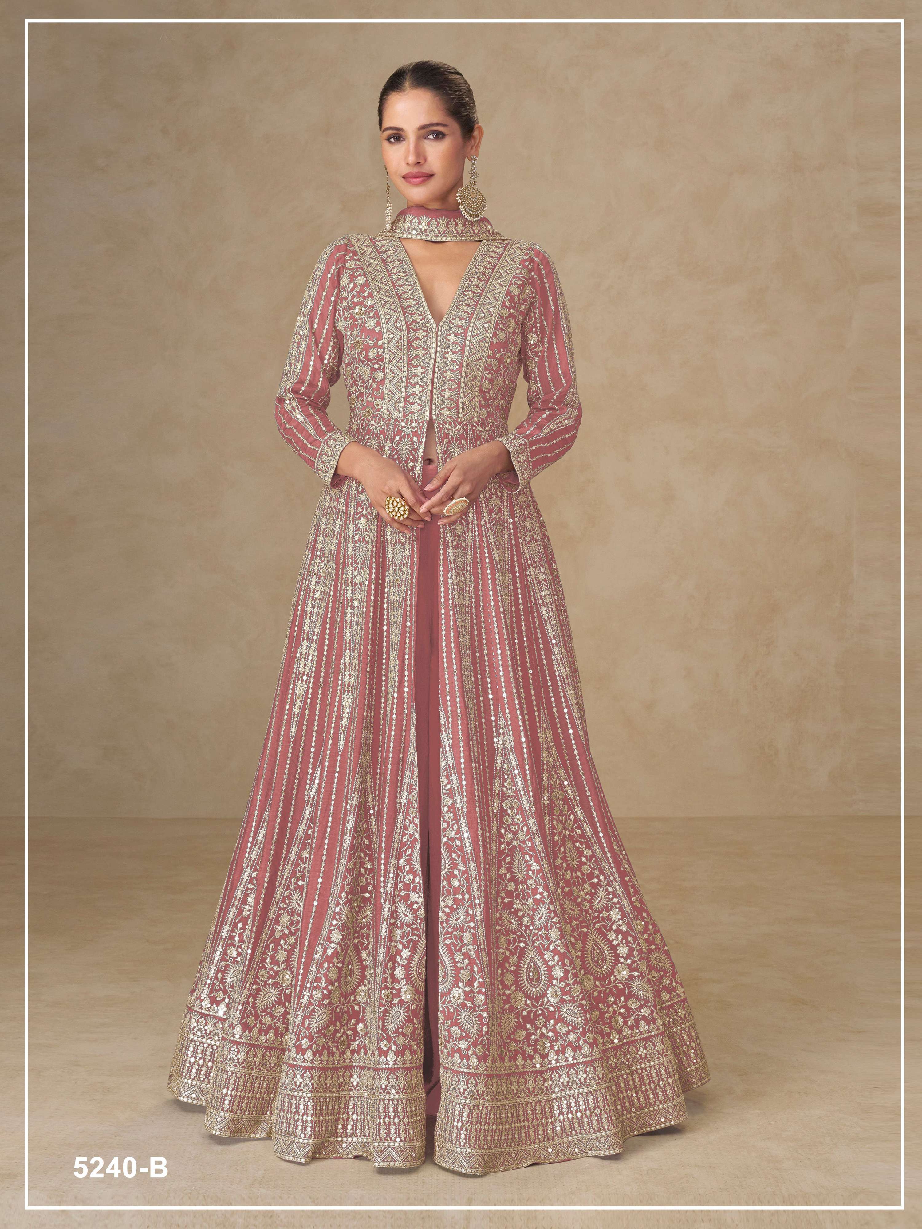 Teeya Creation Peach Color Chinon Silk Heavy Embroidery Work Party Wear Long Gown
