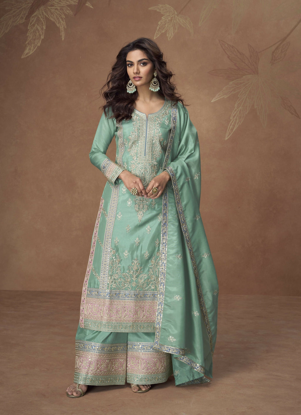 Anaita Sea-Green Chinon Readymade Palazzo Suit with Embroidery Sequence Work