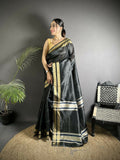 Joban Fashion Black Woven Pattern Raw Silk Kanjivaram Silk Saree