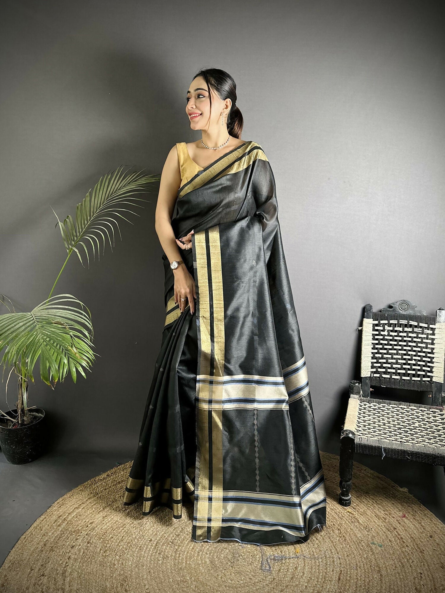 Joban Fashion Black Woven Pattern Raw Silk Kanjivaram Silk Saree