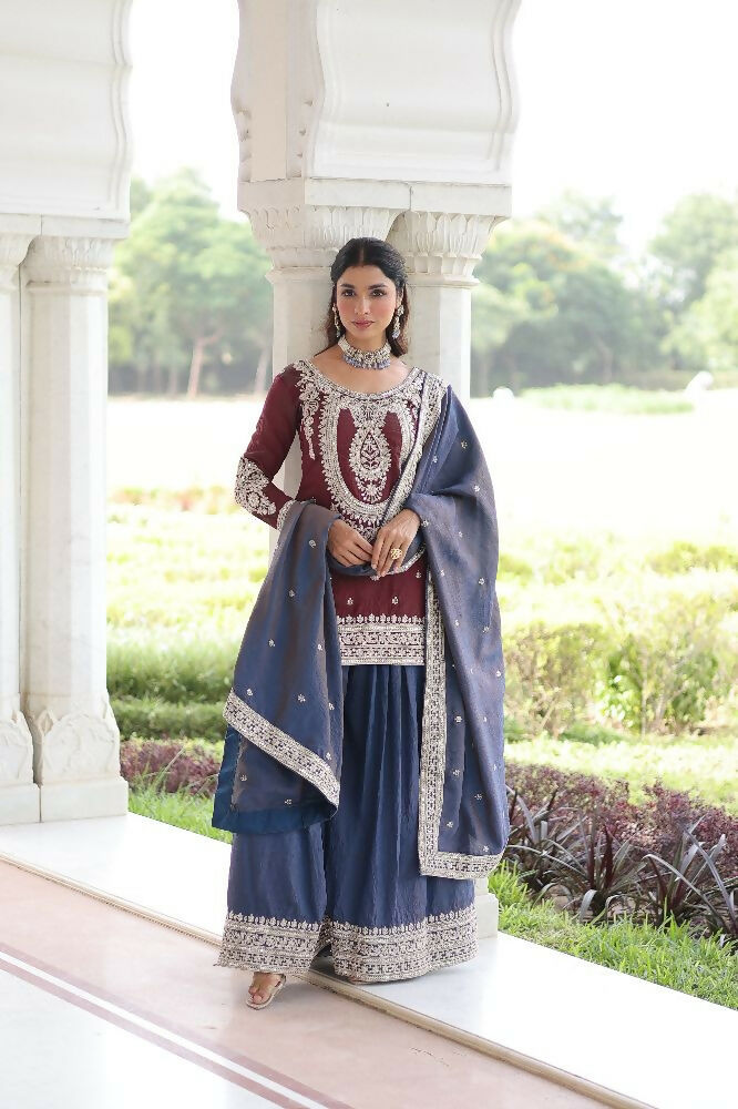 Joban Fashion Maroon Kurta Set Silk Sequins , Zari, Coding & Thread Embroidered work