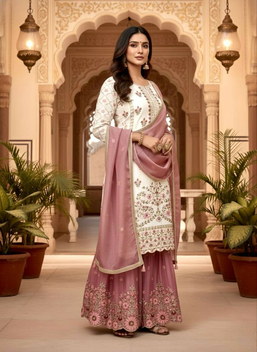 Teeya Creation Multi Color Pure Silk Gimmy Silk Heavy Embroidery Work Wedding Wear Palazzo Pair
