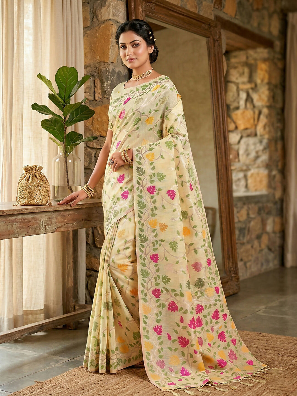 Shree Shyam Fashion Cream Linen Cotton Saree