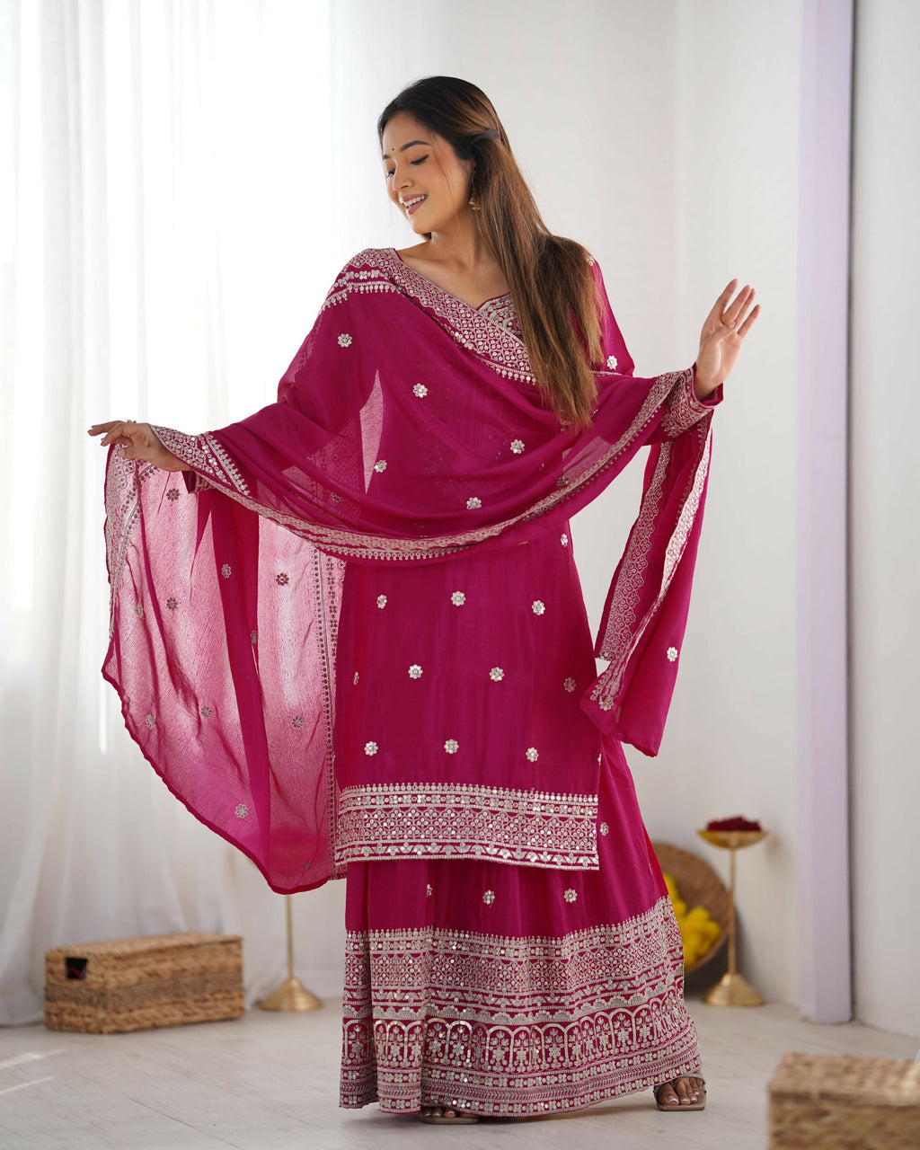 Joban Fashion Pink Kurta Set Silk Sequins , Zari, Coding & Thread Embroidered work