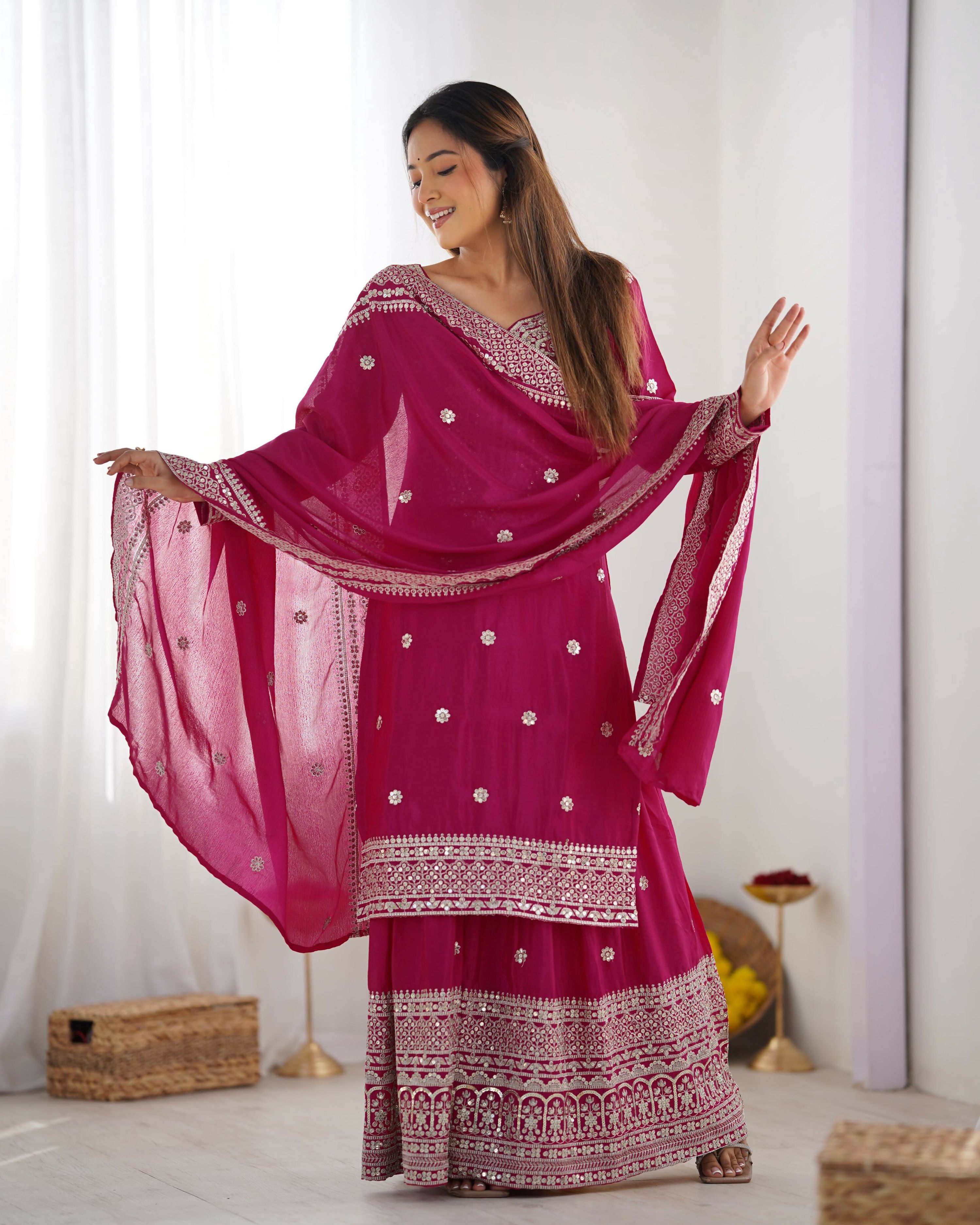 Joban Fashion Pink Kurta Set Silk Sequins , Zari, Coding & Thread Embroidered work