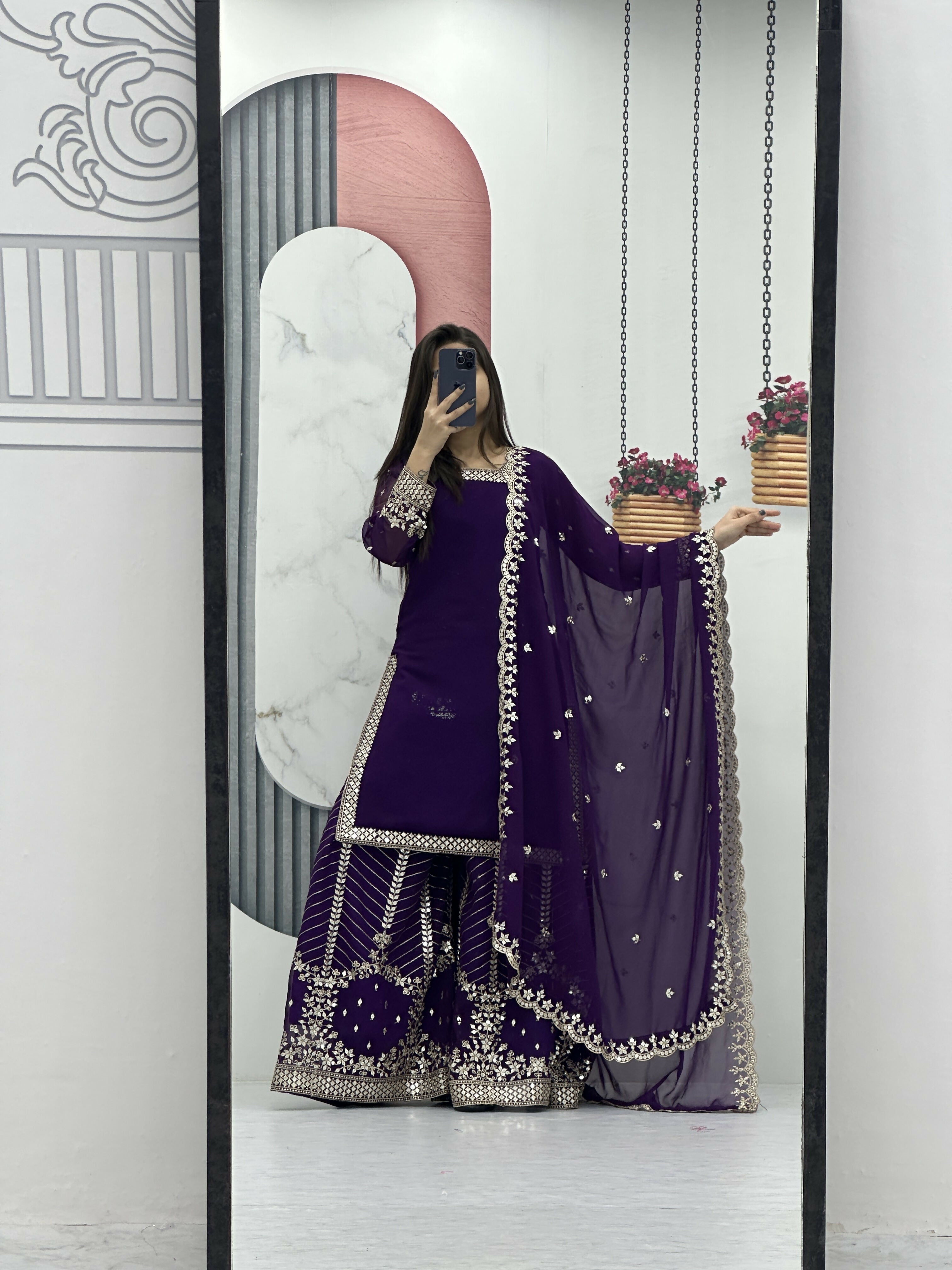 Teeya Creation Womens New Heavy Fox Georgette Fabric With Heavy Embroidery Work Purple Kurta Set