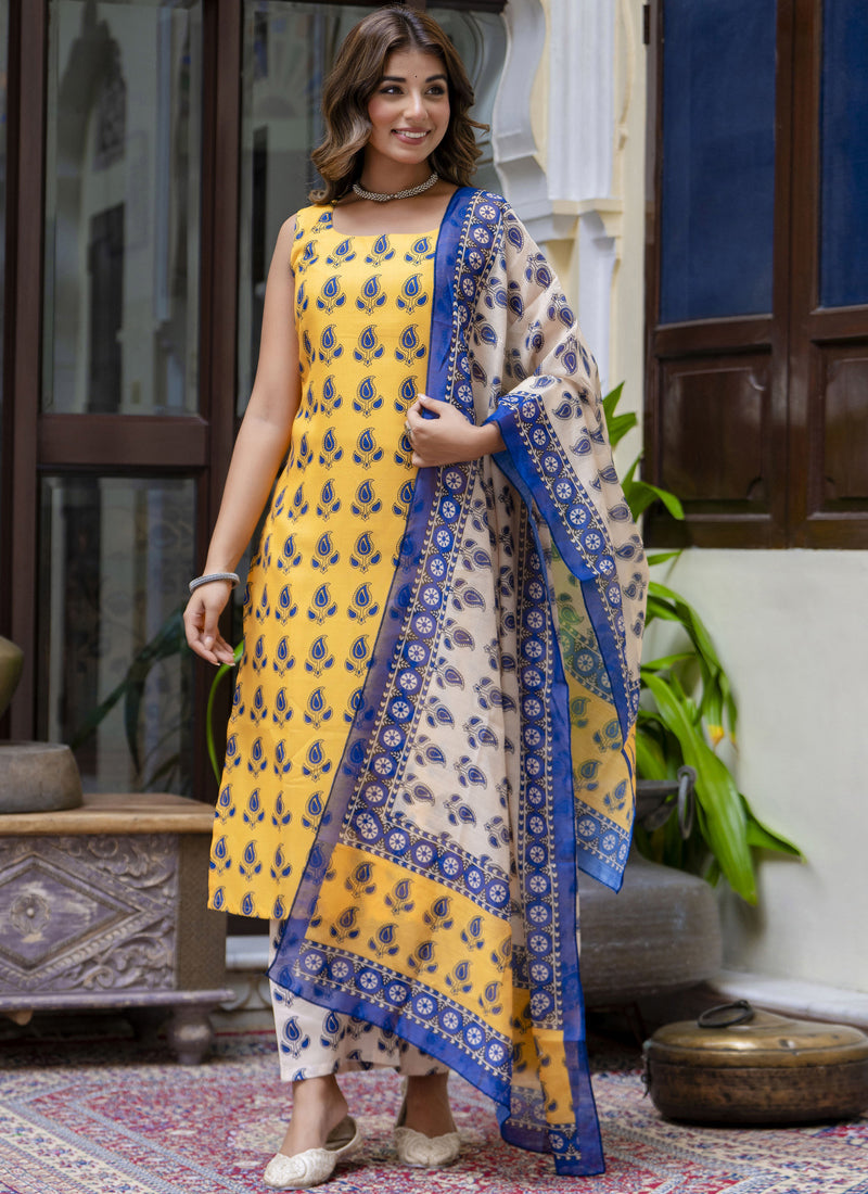 Vegaa Fashion Yellow Embroidered Cotton Salwar Suit