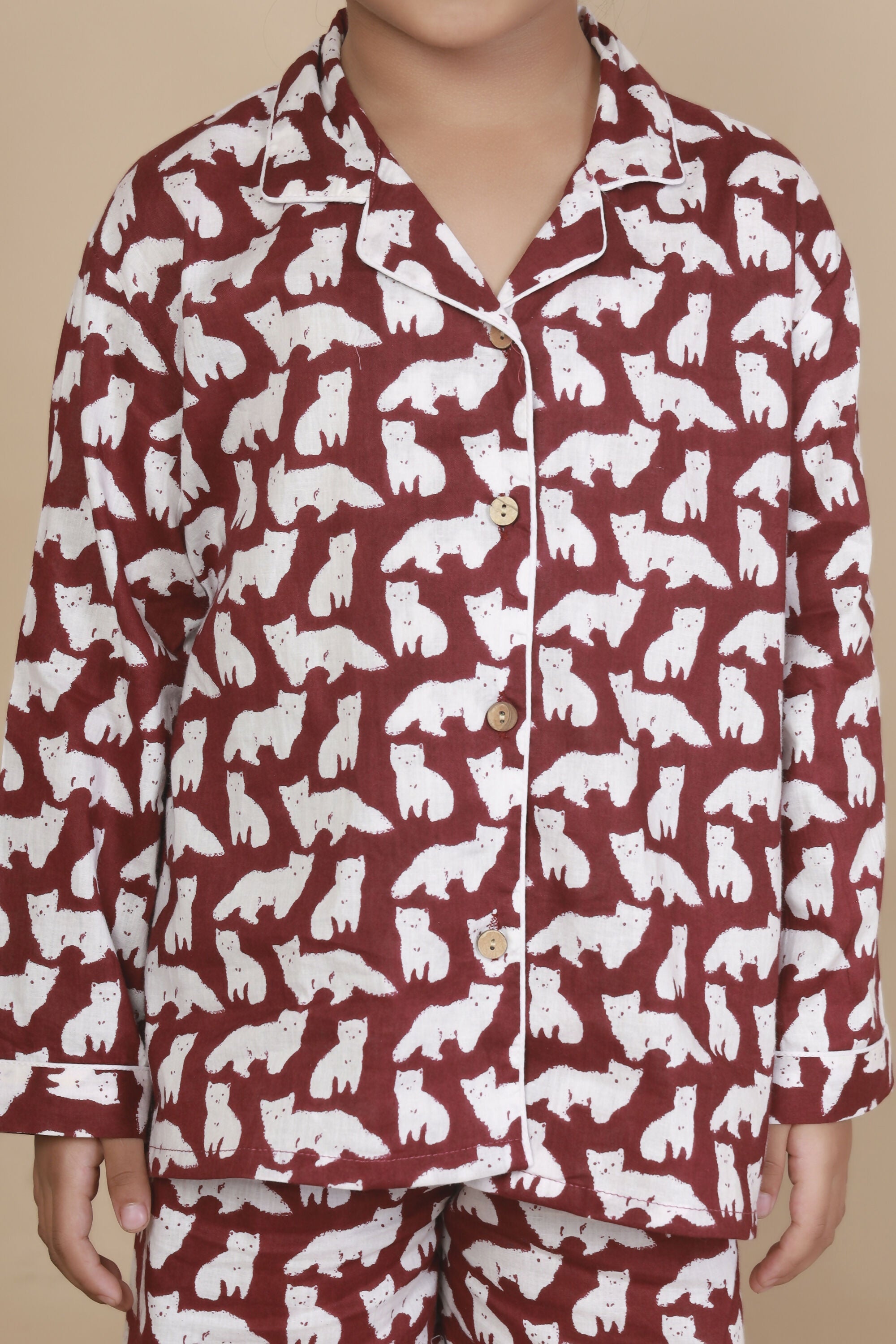 Breathables Kids Cotton Night Suit – Maroon Cat Print Shirt & Pyjama Co-Ord Set For Boys & Girls