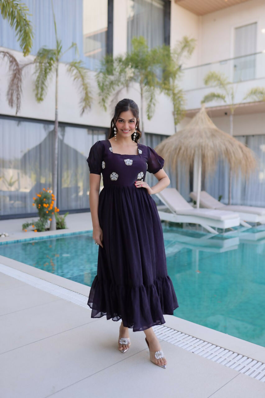Teeya Creation Womens New Stylish Fendi Silk With Beads Embroidered Work Gown Set