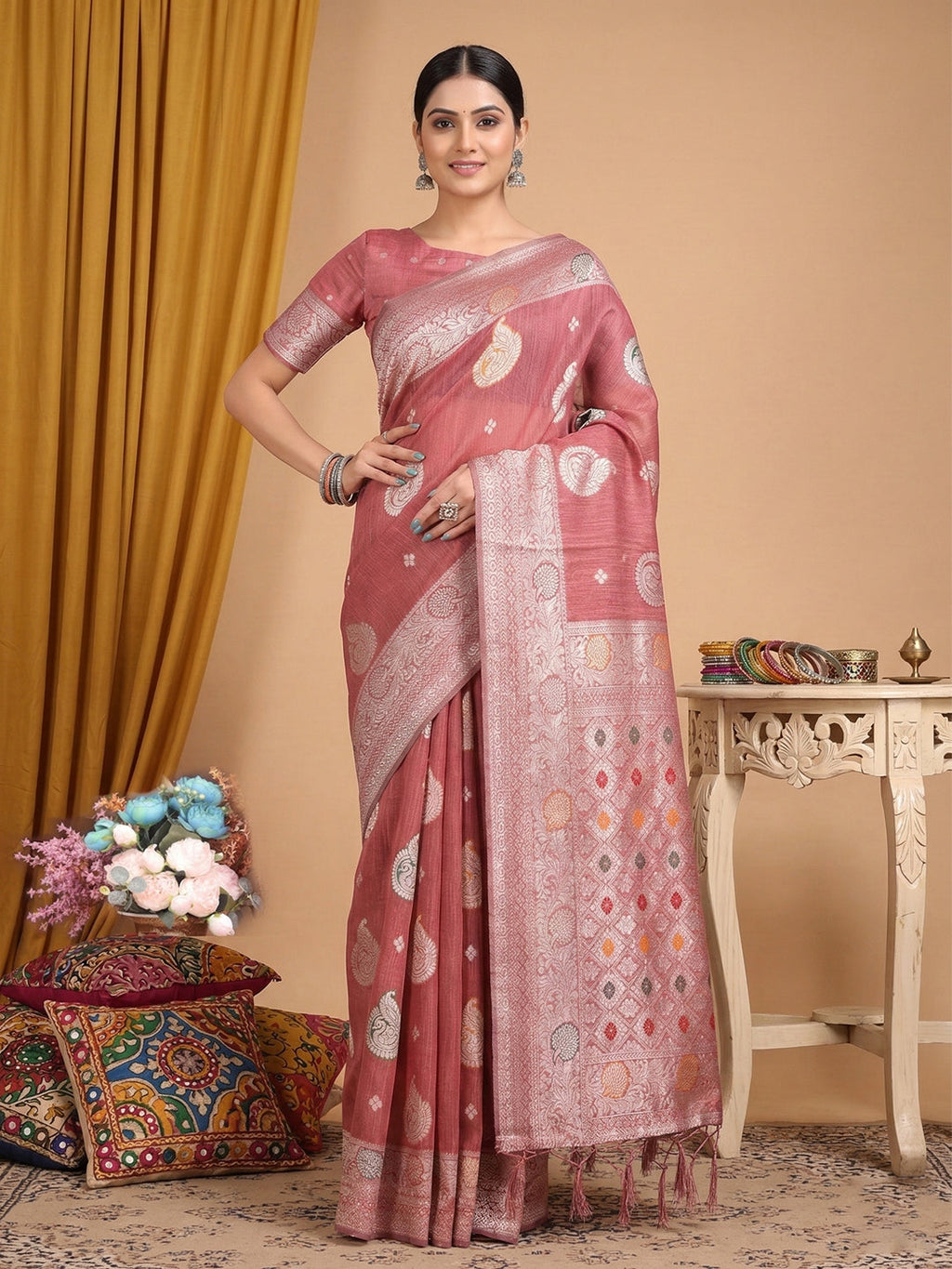 Anaita Peach Linen Woven Work Saree With Blouse