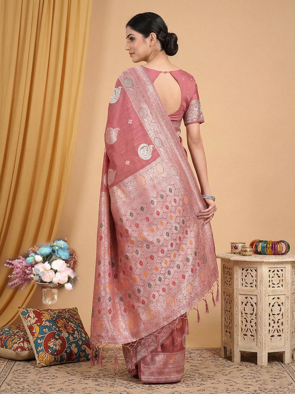 Anaita Peach Linen Woven Work Saree With Blouse