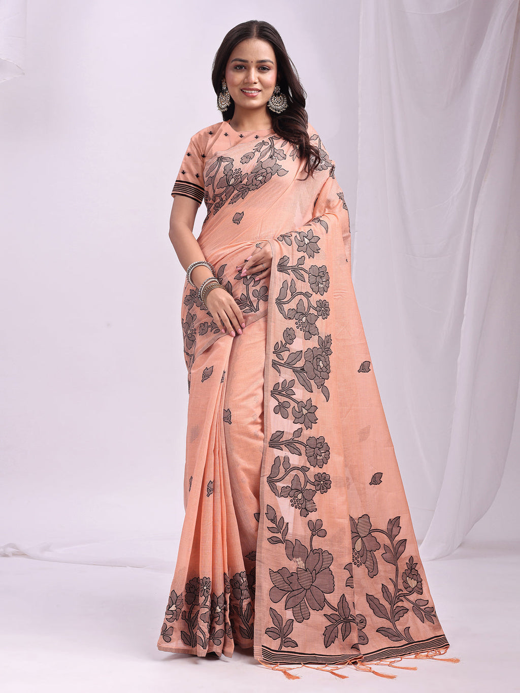 Anaita Peach Linen Printed Saree With Blouse