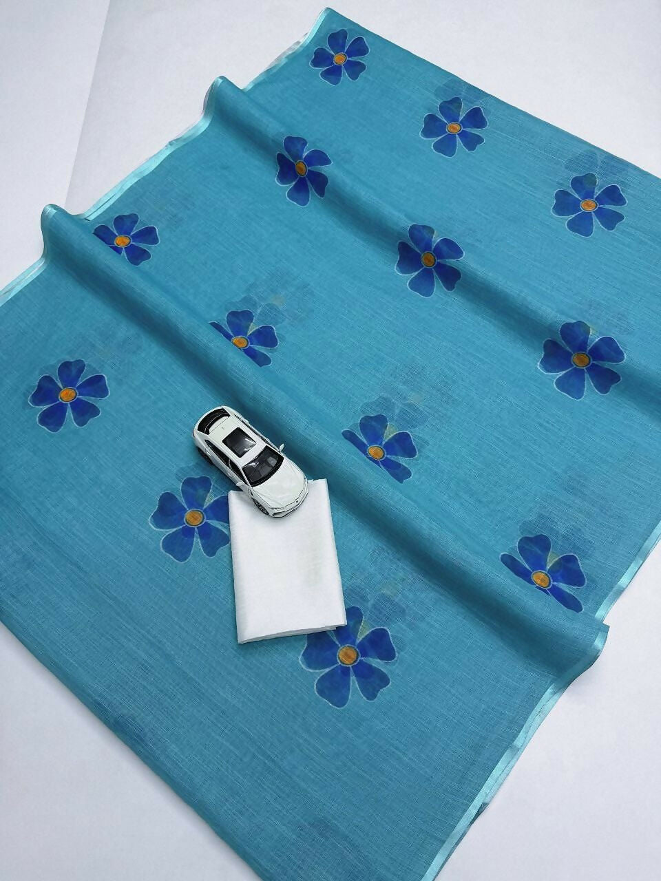 Prime Volt Women's Sky Blue Floral Digital Print Soft Linen Saree With Blouse