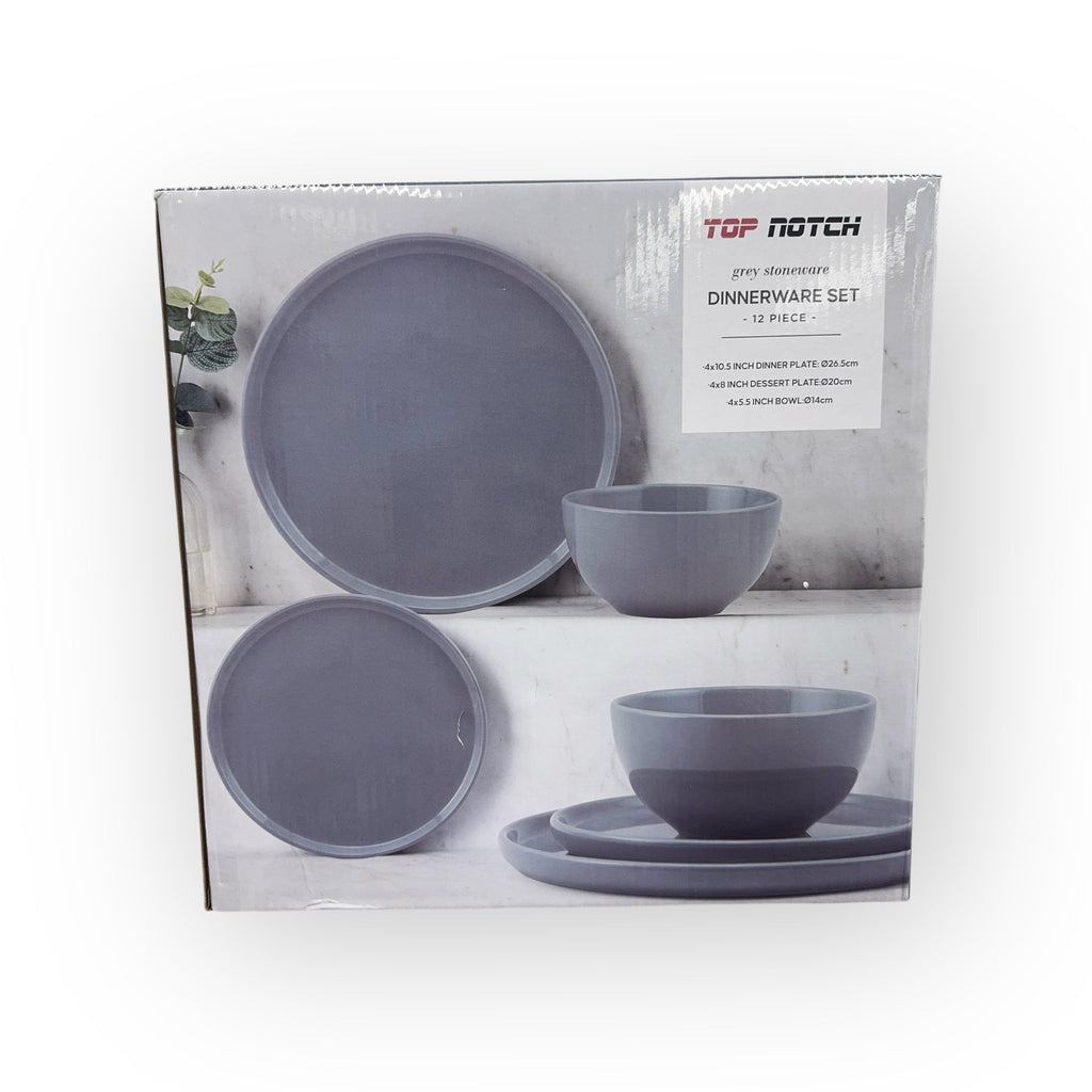 Top Notch Grey Stoneware 12-Piece Dinnerware Set