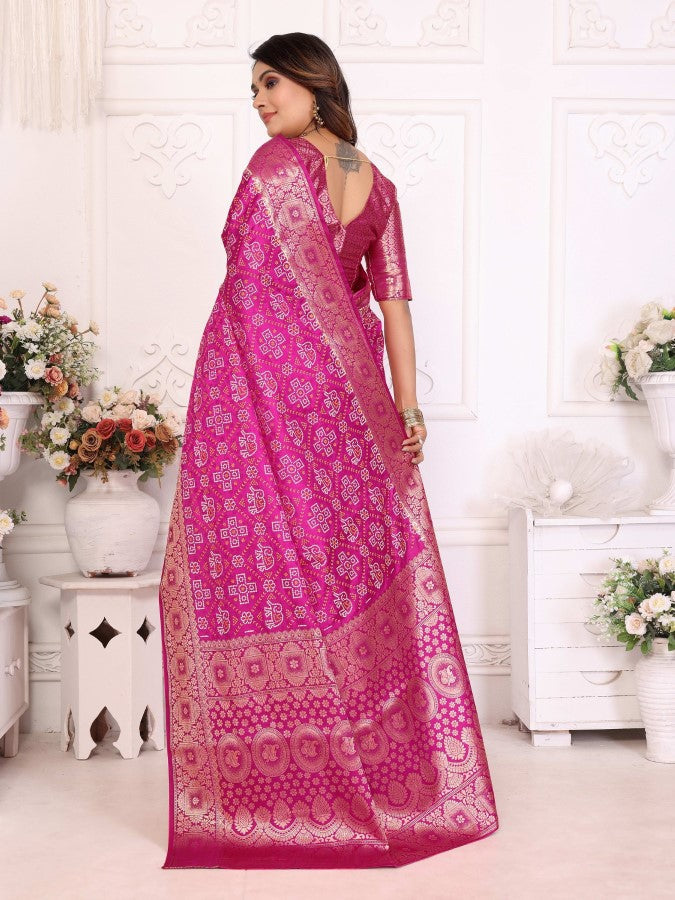 Anaita Pink Soft Satin Silk Bandhej Print Saree With Kanchi Zari Weaving Border