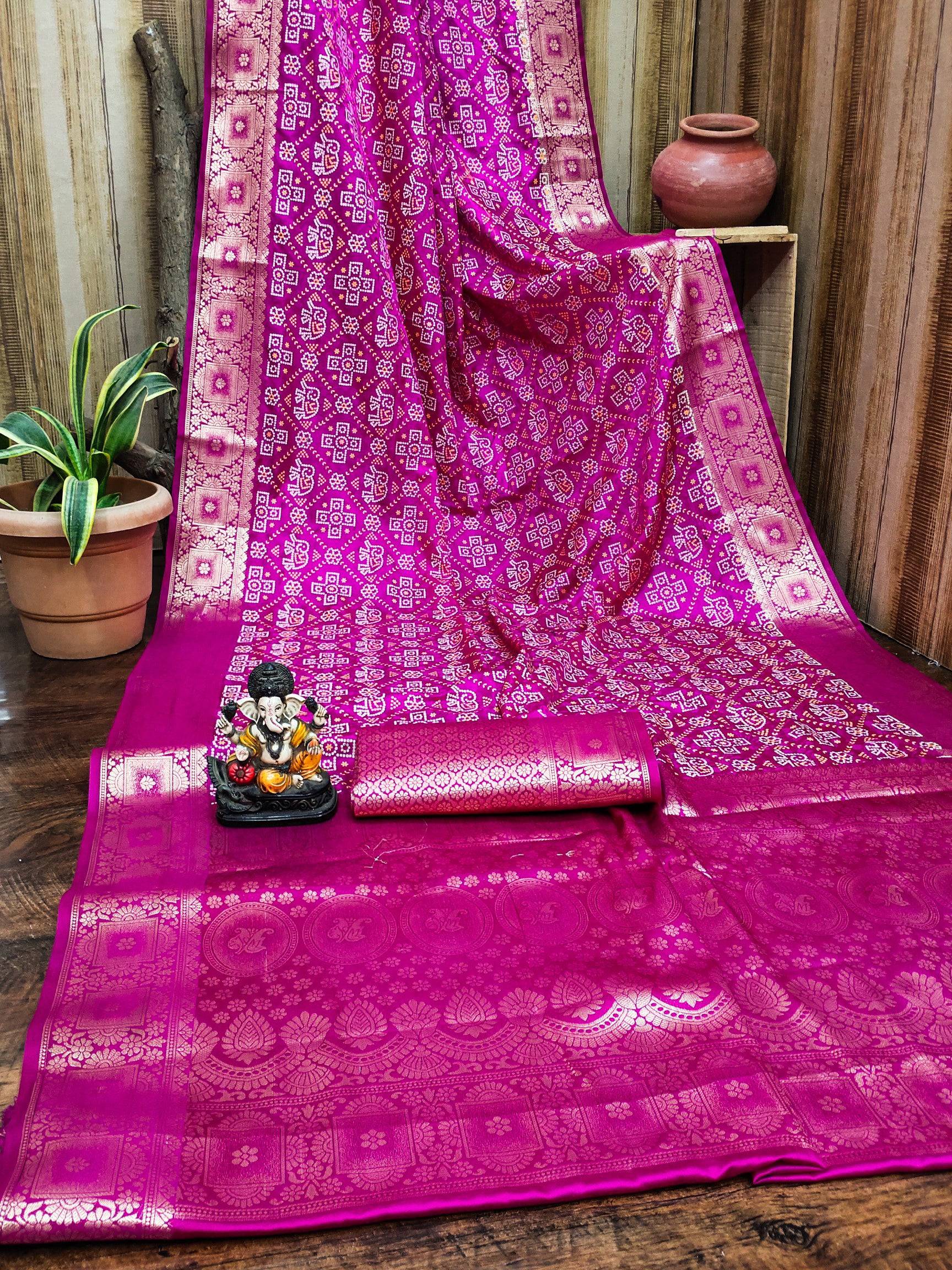 Anaita Pink Soft Satin Silk Bandhej Print Saree With Kanchi Zari Weaving Border