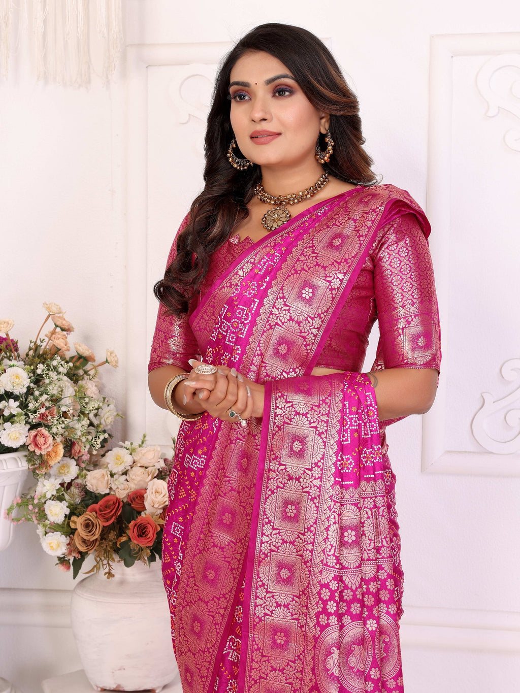 Anaita Pink Soft Satin Silk Bandhej Print Saree With Kanchi Zari Weaving Border