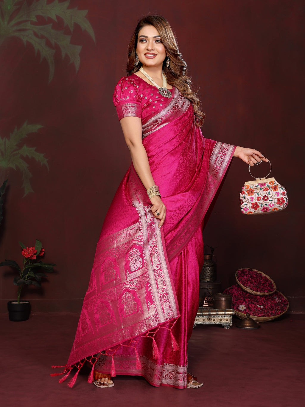 Anaita Pink Zari Weaving Work Satin Silk Saree With Blouse