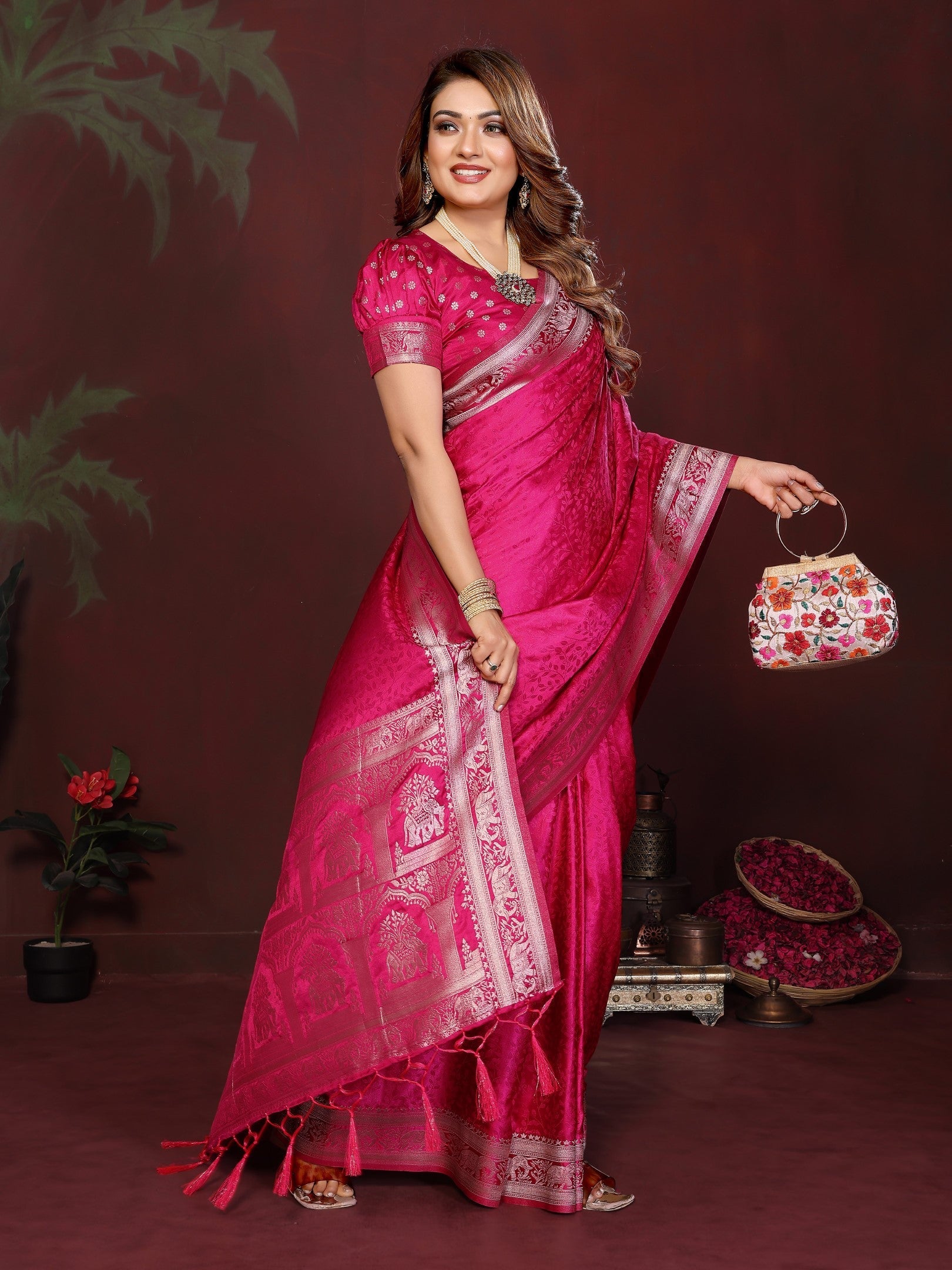 Anaita Pink Zari Weaving Work Satin Silk Saree With Blouse