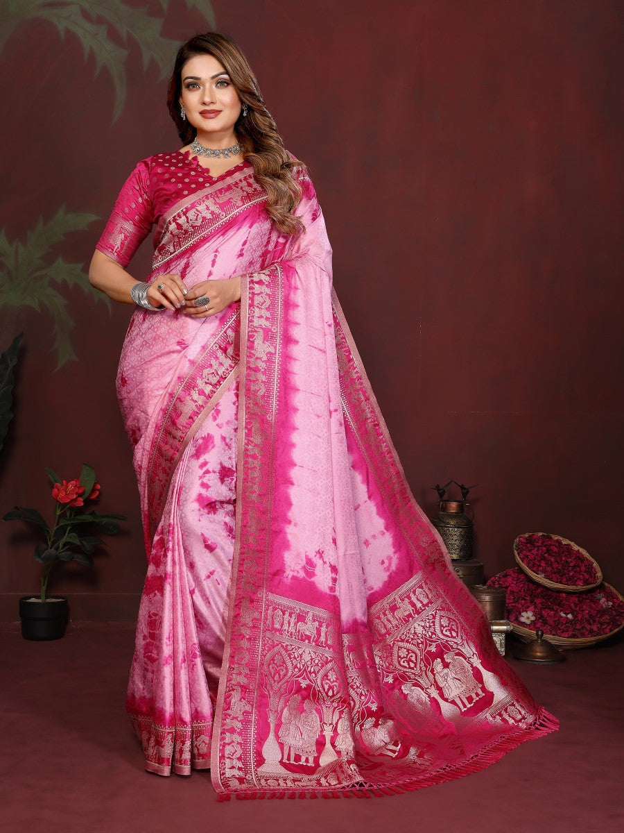 Anaita Pink Zari Weaving Work Satin Silk Saree With Blouse