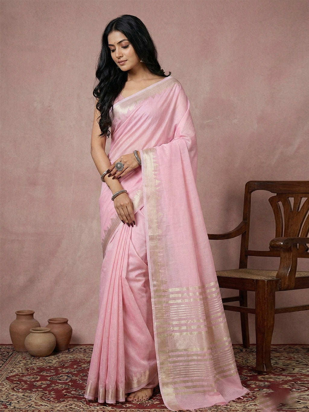 Anaita Pink Cotton Saree With Blouse