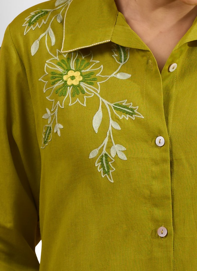 Joban Fashion Green Cotton, Linen Embroidered Readymade Cord Set