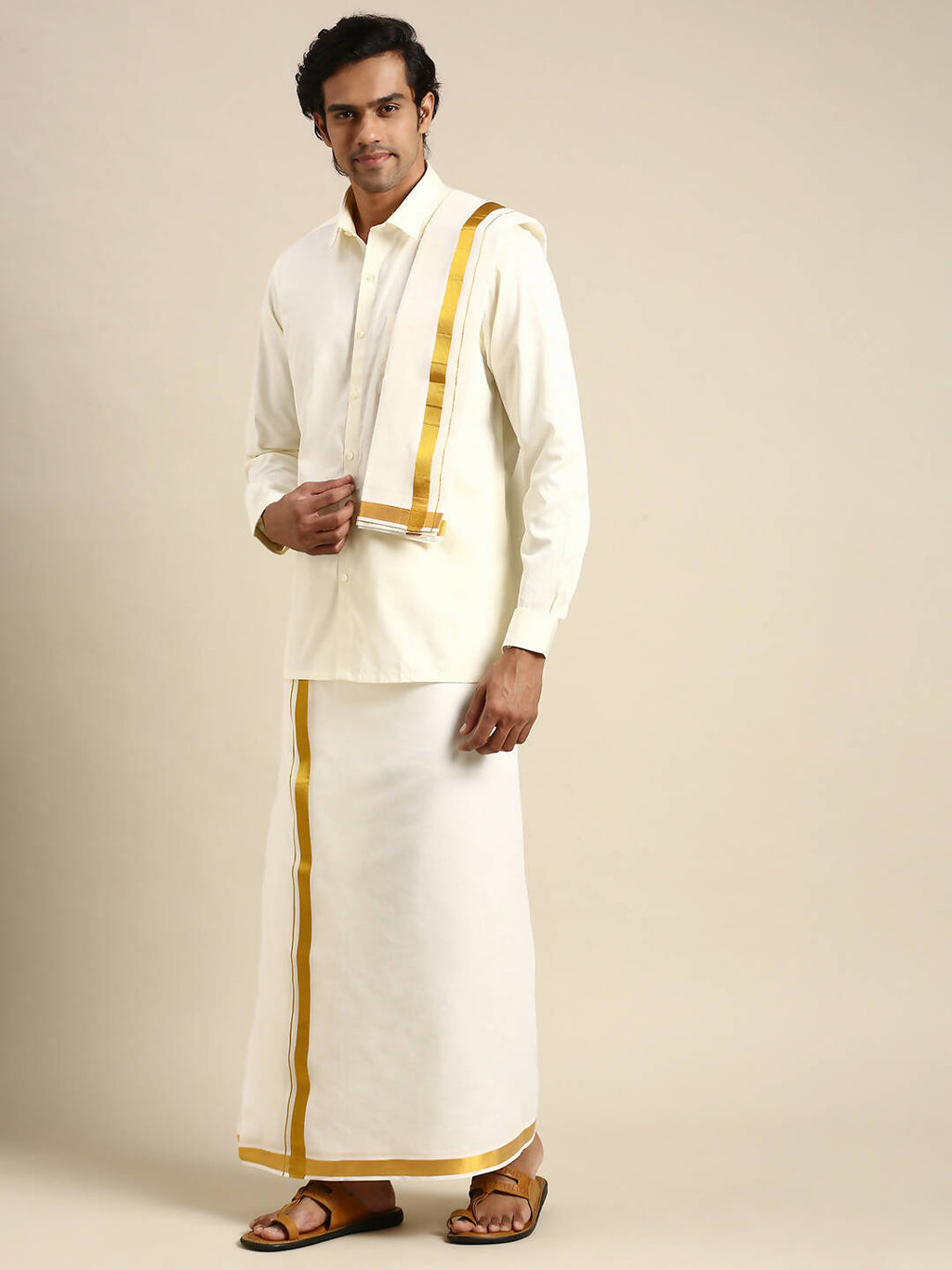 Ramraj Cotton Wedding Cream Zari Dhoti with shirt Bit & Towel Set Akshayam 50k