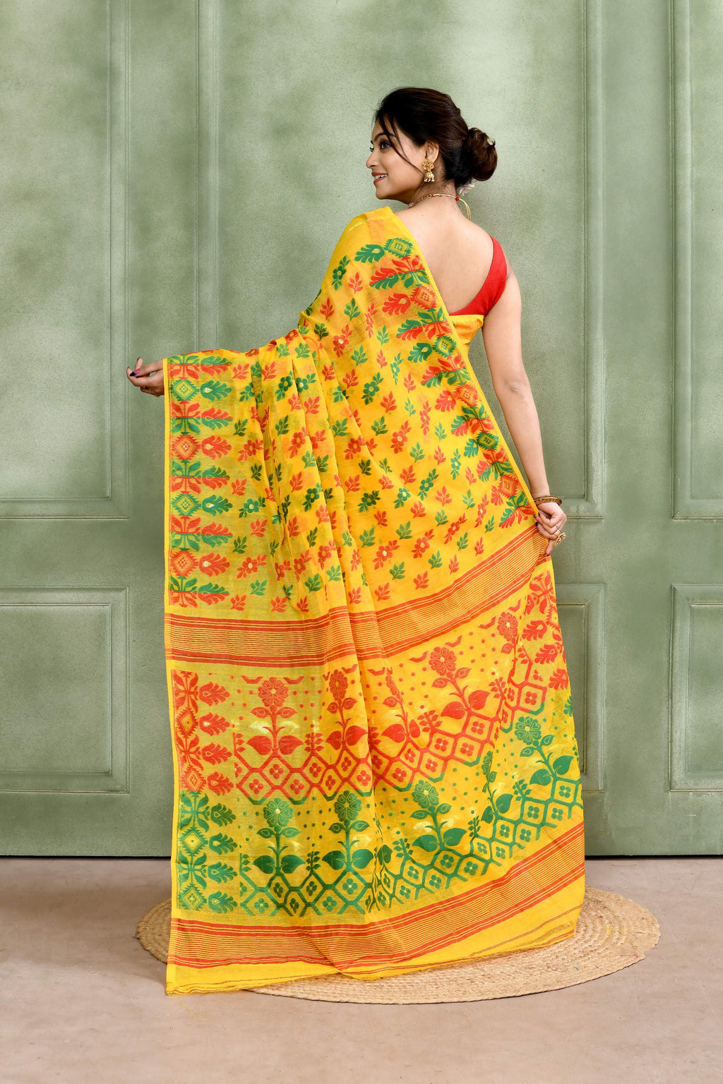 Piyari Fashion Women's Yellow Embellished Cotton Blend Jamdani Saree