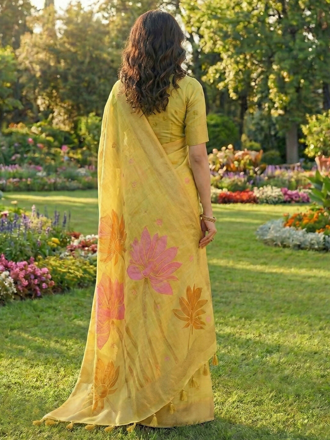 Shree Shyam Fashion Yellow Linen Cotton Saree
