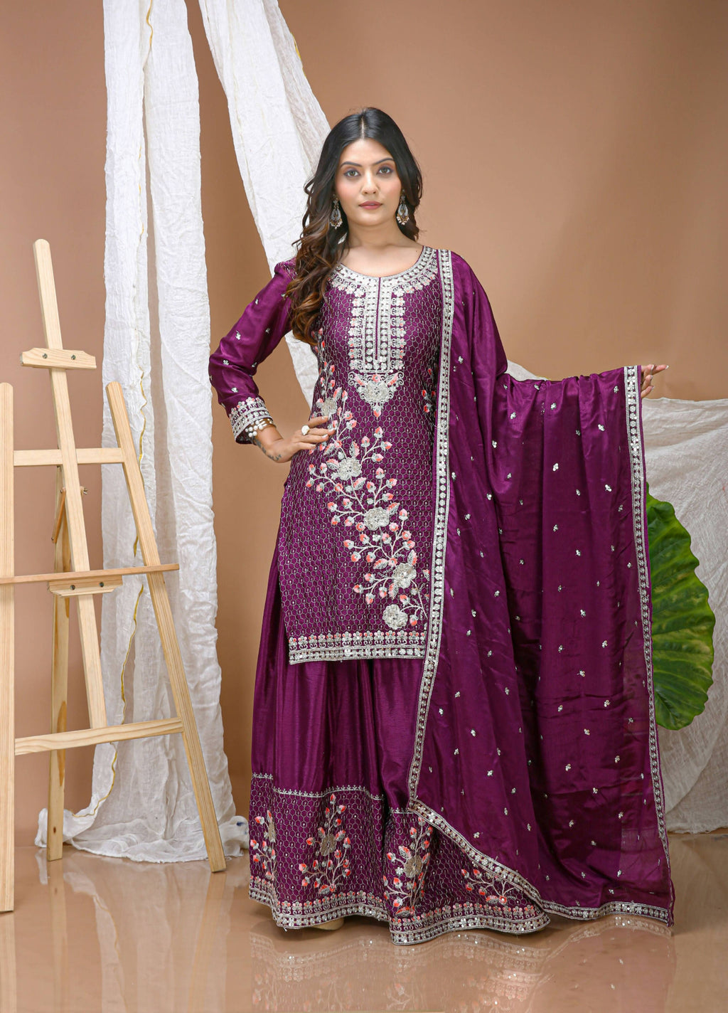 Lehenga Mart Designer Sharara Suit With Kurta, Sharara, Dupatta For Women-Wine