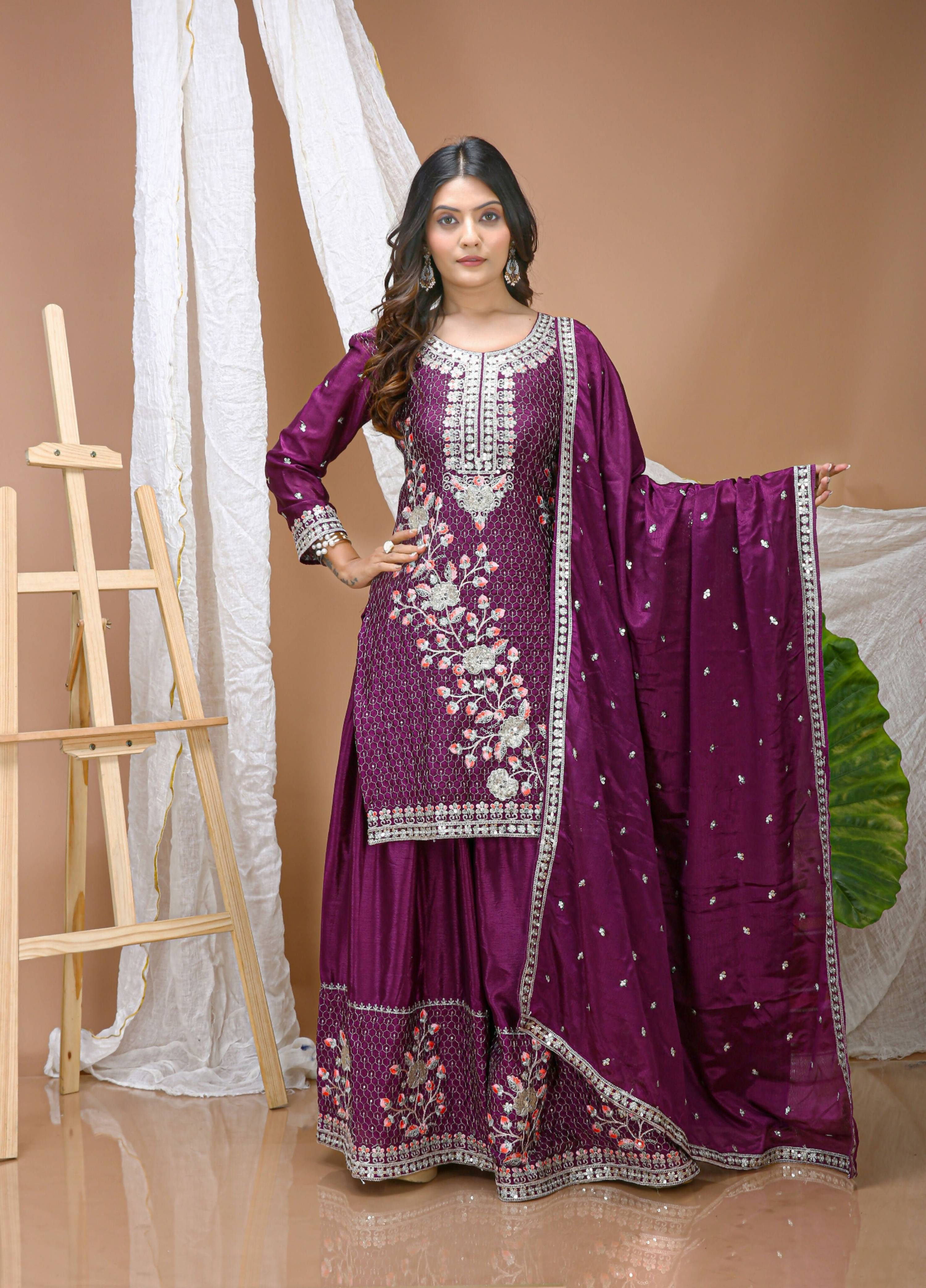 Lehenga Mart Designer Sharara Suit With Kurta, Sharara, Dupatta For Women-Wine