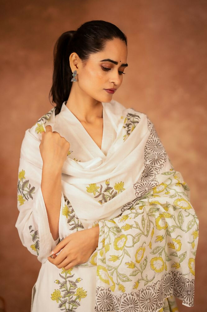 Joban Fashion Off White Yellow Hand Block Printed Cotton Suit Set