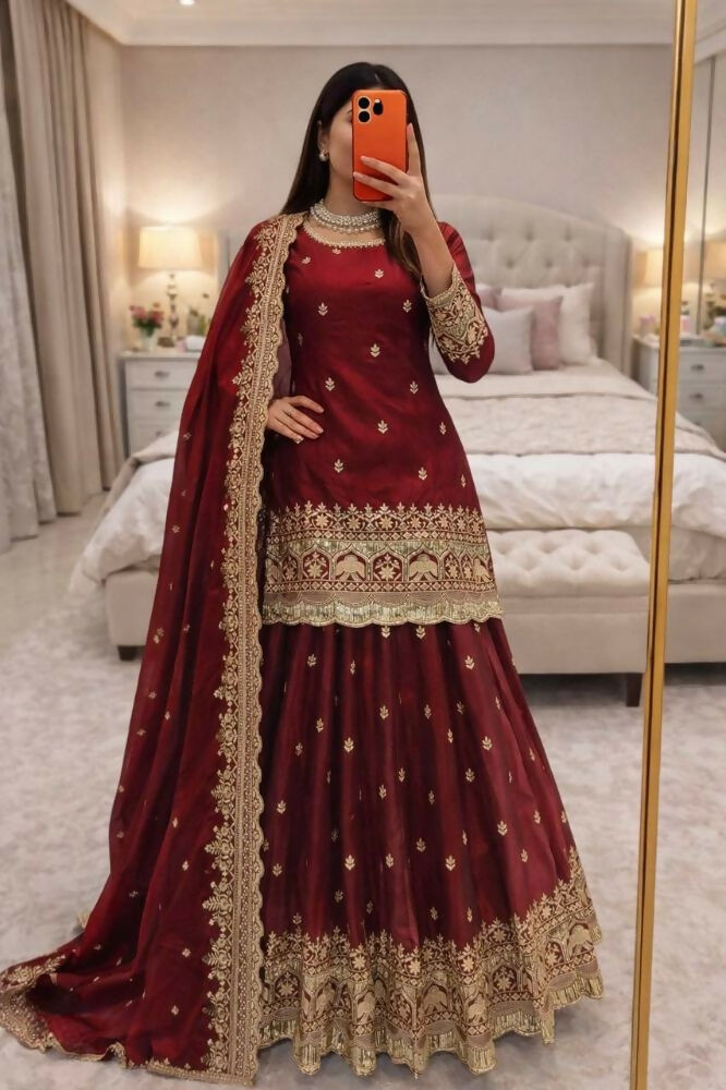 Teeya Creation Maroon Color Fendy Satin Heavy Embroidery Work Wedding Wear Stitched Lehenga Choli