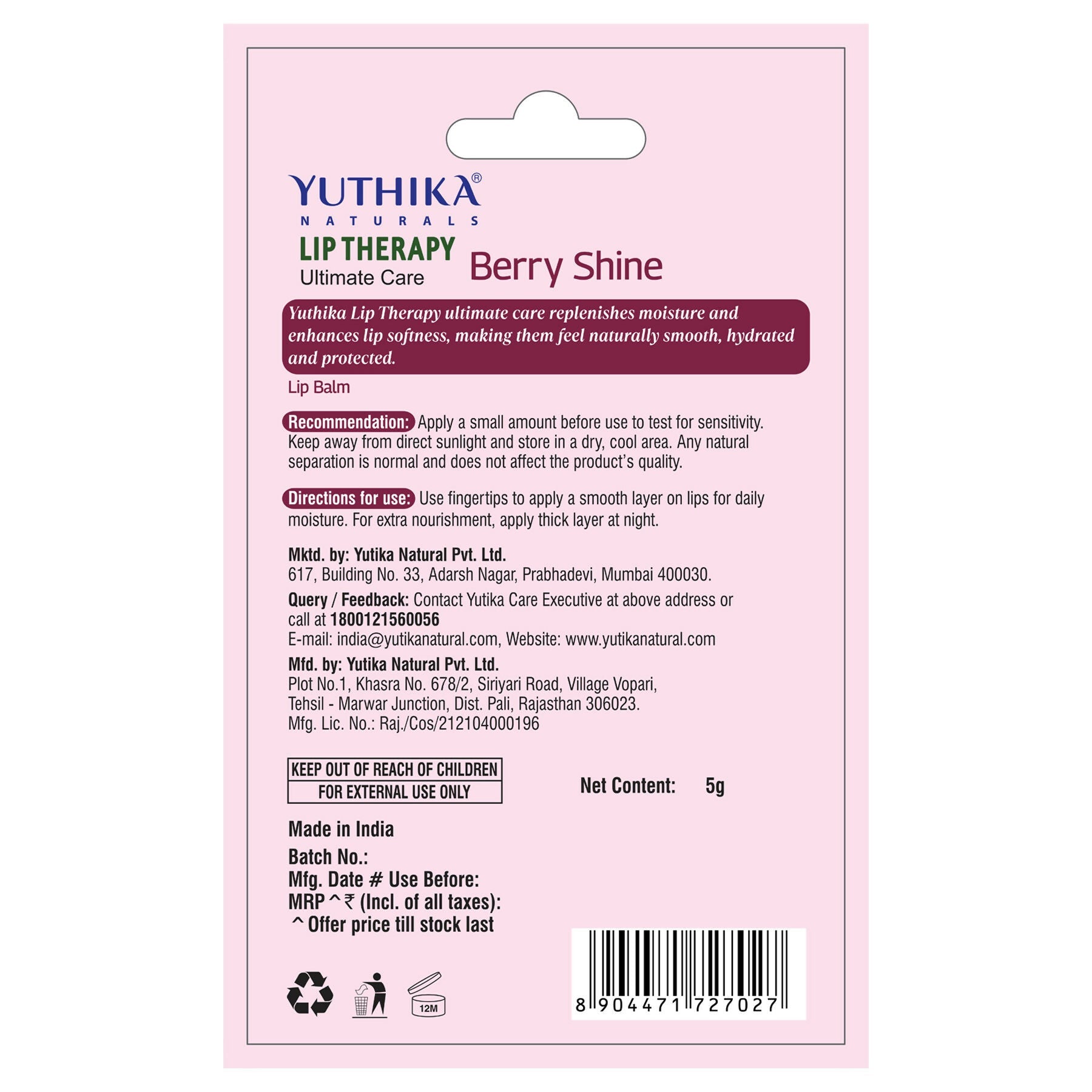 Yuthika Moisturizing Lip Balm – Berry Shine