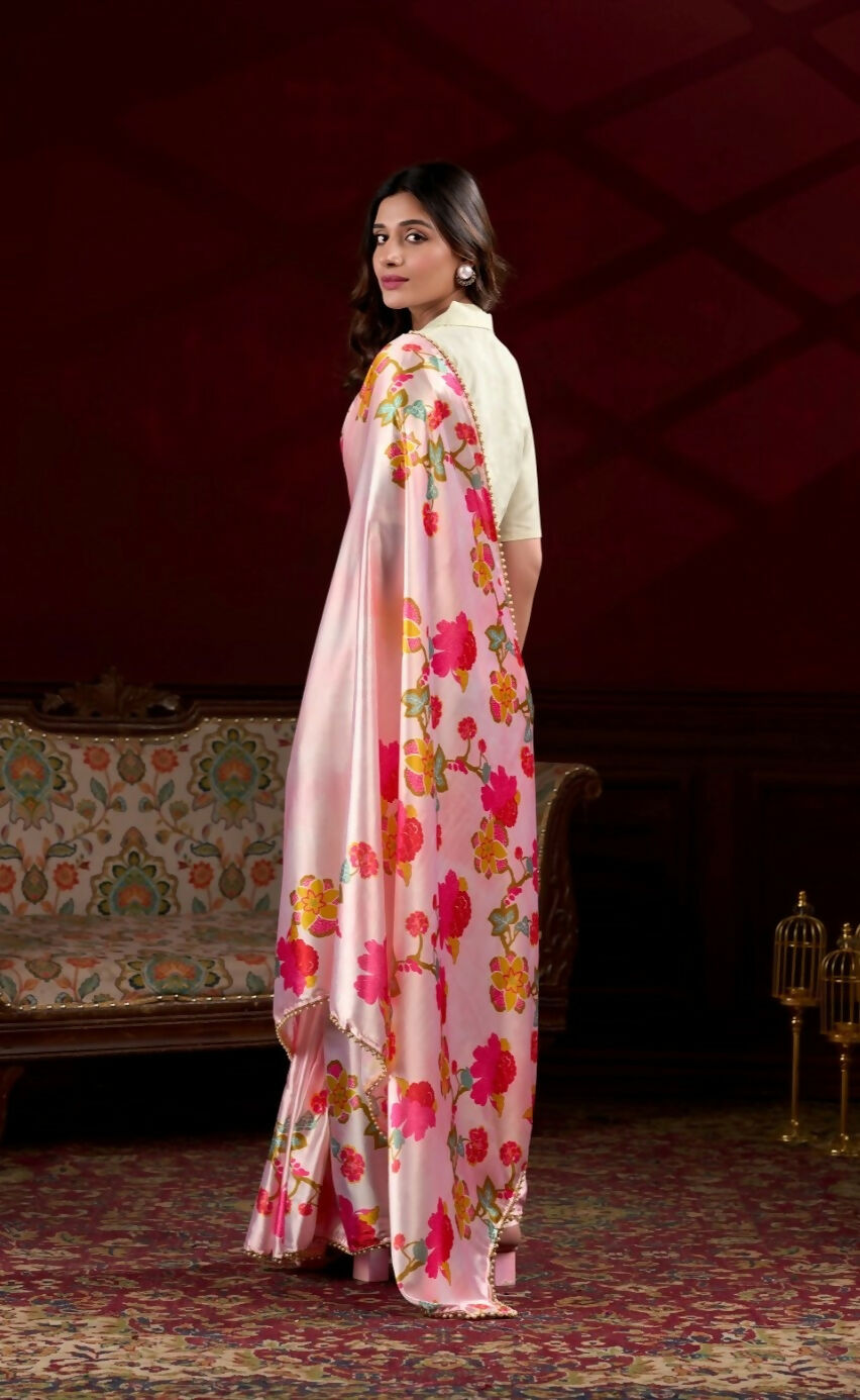 Vastranavya Peach Satin Silk Floral Printed with Pearl Lace Saree with Unstitched Blouse