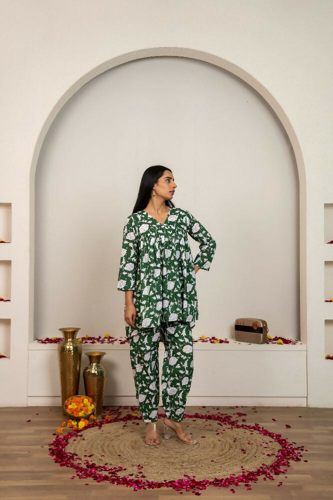 Joban Fashion Green Hand Block Printed Cotton Co-Ord Set