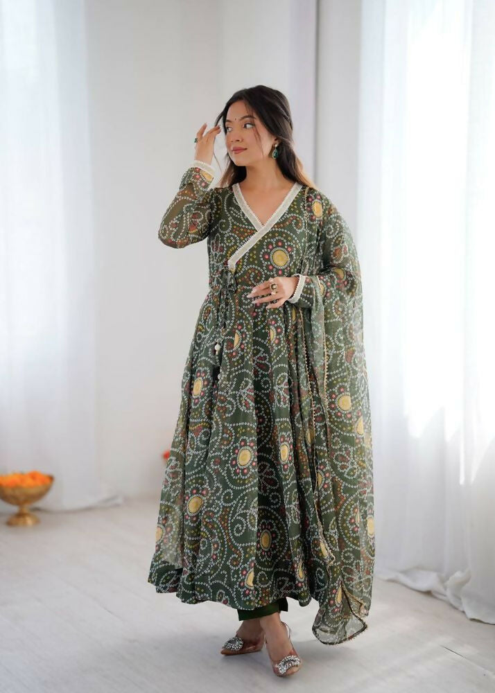 Teeya Creation Green Soft Organza Digital Printed Functional Wear Trending Long Gown