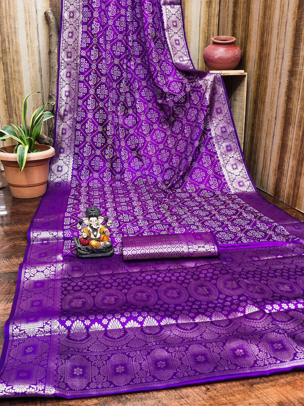 Anaita Purple Soft Satin Silk Bandhej Print Saree With Kanchi Zari Weaving Border
