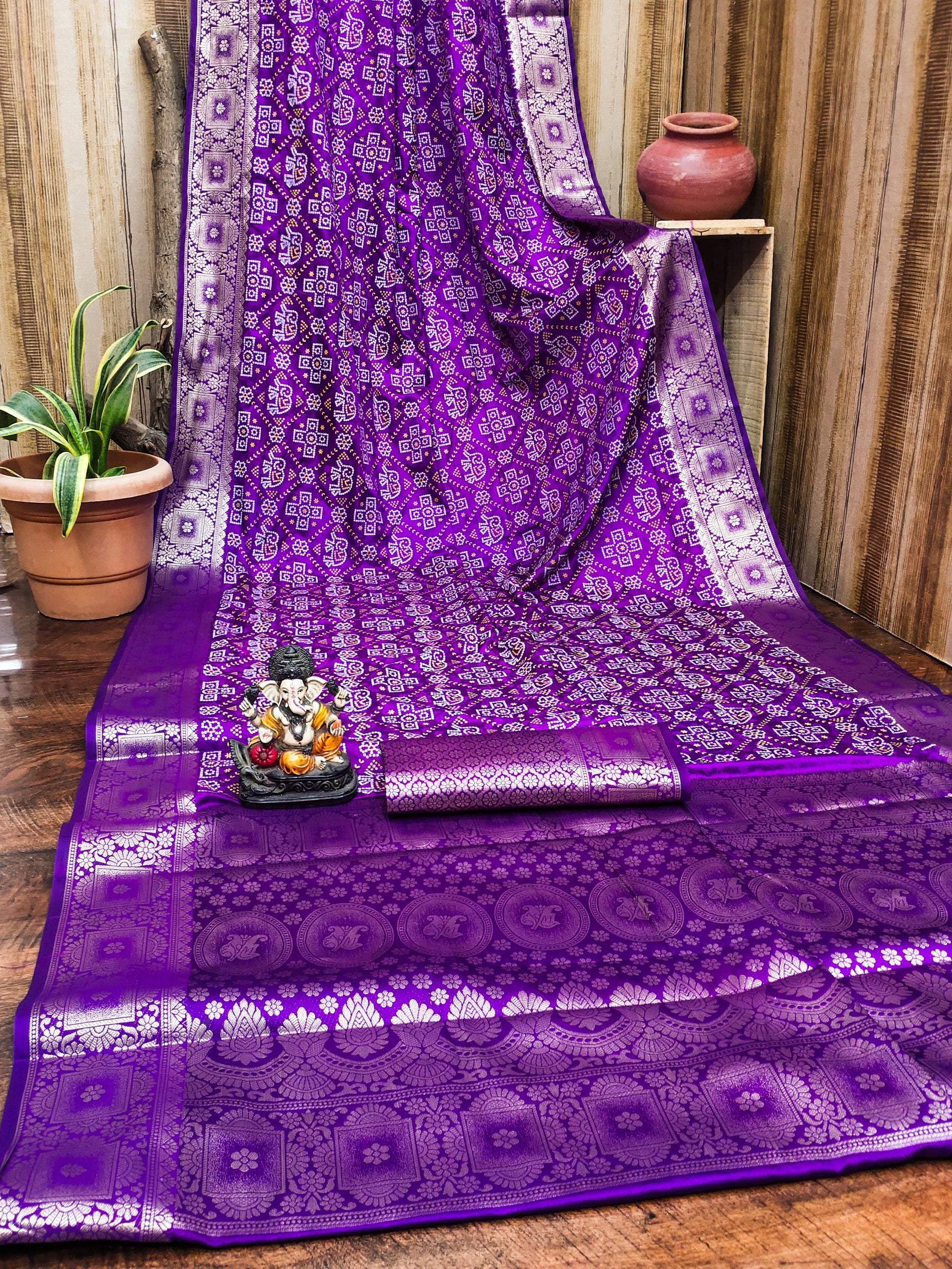 Anaita Purple Soft Satin Silk Bandhej Print Saree With Kanchi Zari Weaving Border